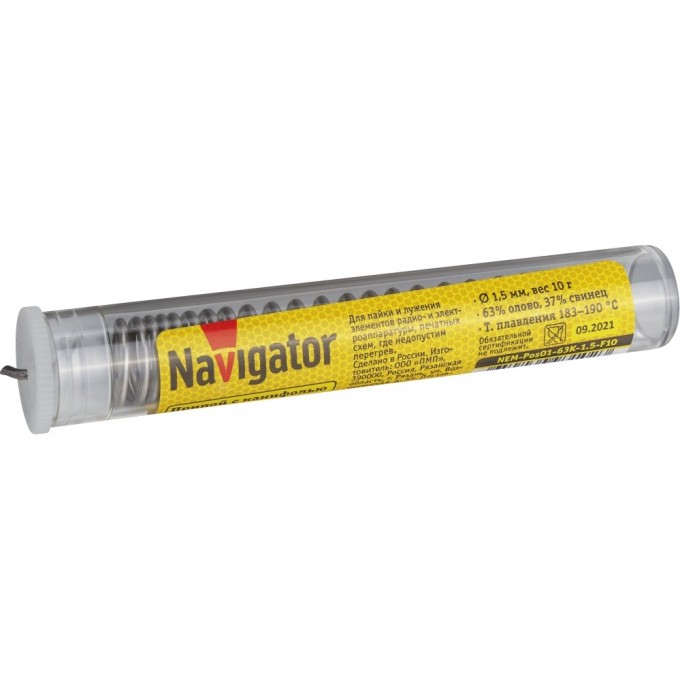 Припой с канифолью NAVIGATOR (POS-63, KOLBA, 1.5 MM, 10 GR) NEM-Pos01-63K-1.5-F10 Припой с канифолью NAVIGATOR (POS-63, KOLBA, 1.5 MM, 10 GR) NEM-Pos01-63K-1.5-F10